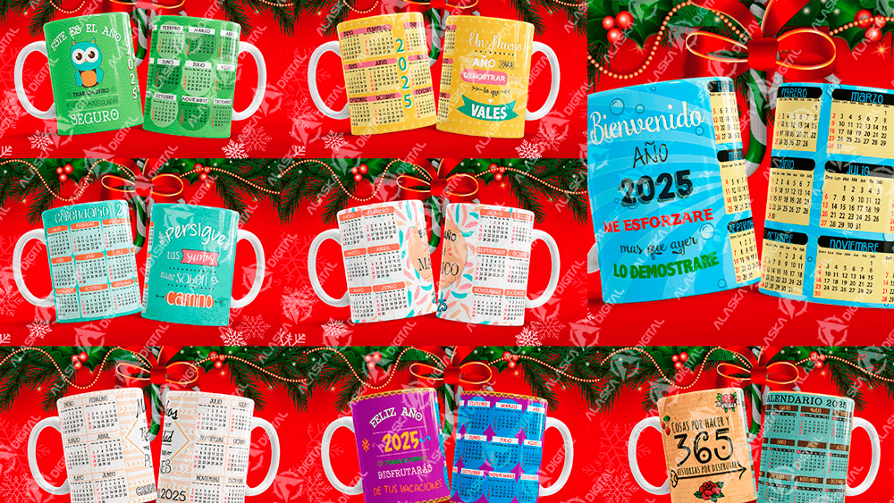 8 Plantillas para Sublimar Tazas con Calendario 2025 con Editables y Mockups / Navidad