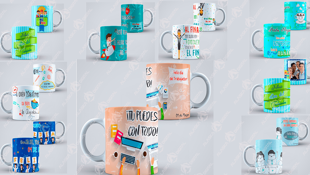 8 Plantillas para Sublimar Taza Trabajador con Editables y Mockups