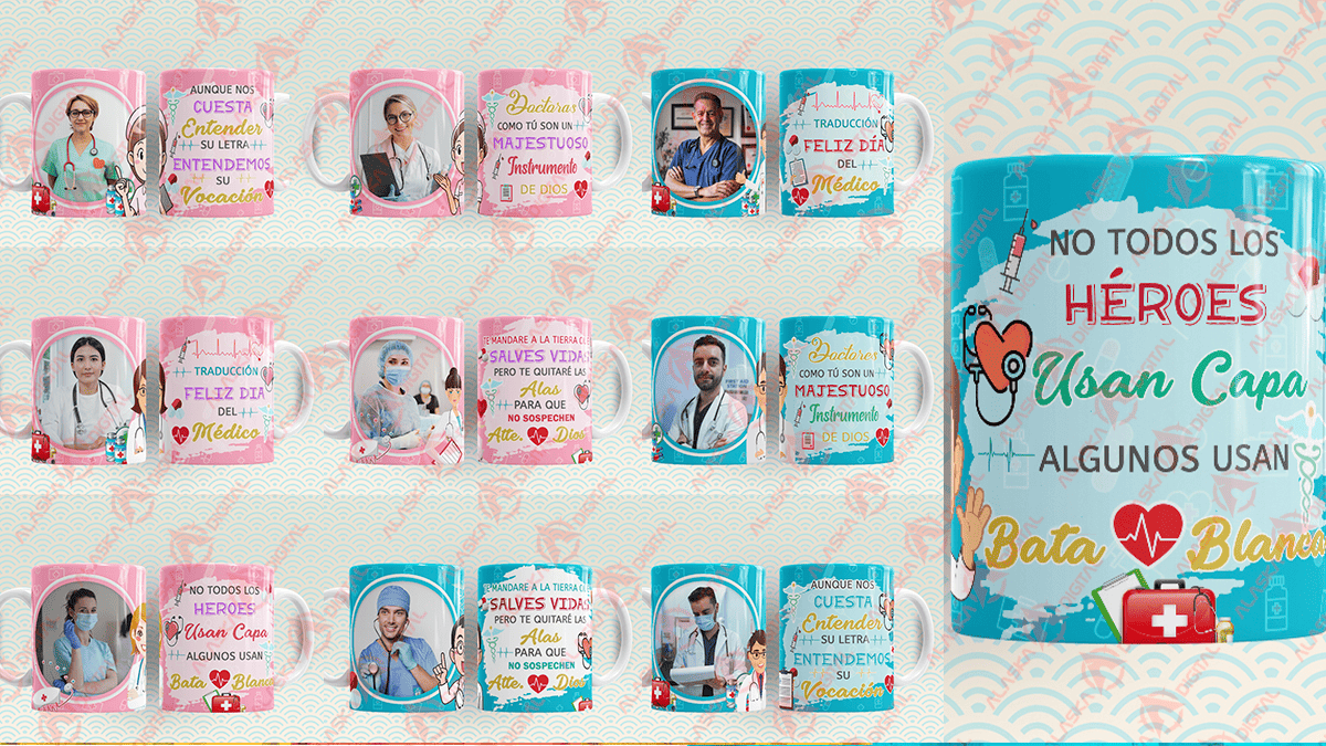 10 Plantillas para Sublimar Tazas de Medicos y Doctores con Editables y Mockups