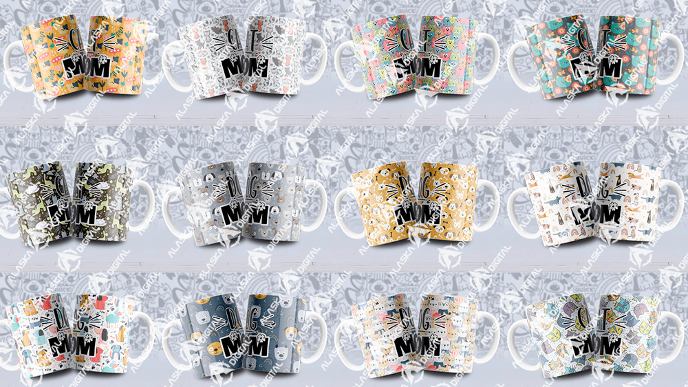 12 Plantillas para Sublimar Tazas CatDog Mom con Editables y Mockups
