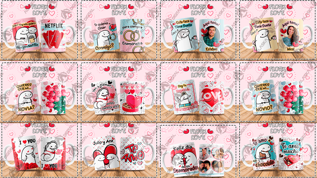 12 Plantillas para Sublimar Tazas Flork Love V2 con Editables y Mockups