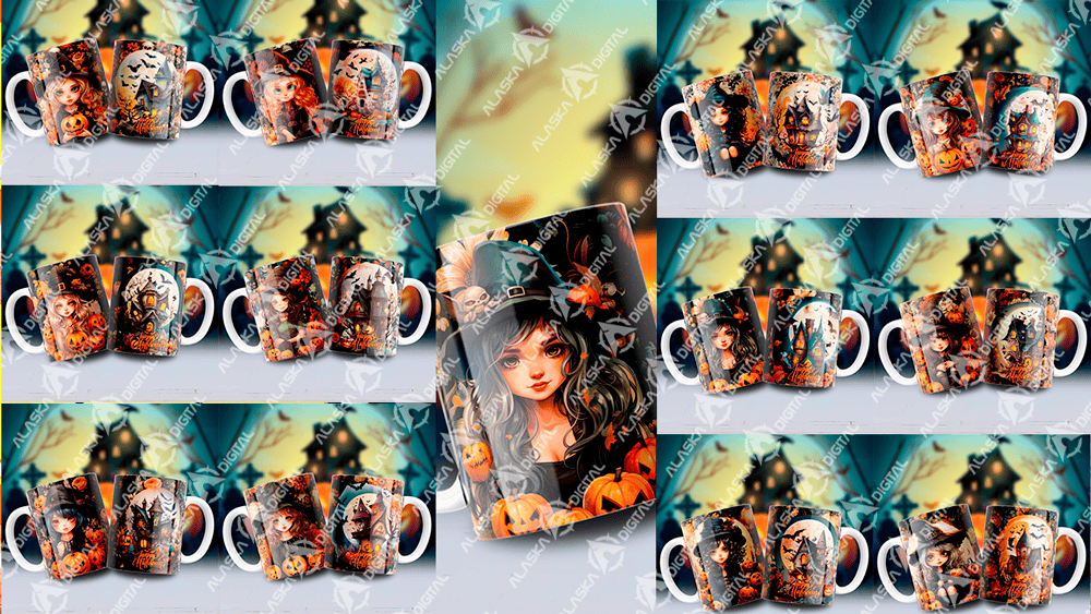 12 Plantillas para Sublimar Tazas de Brujitas Hallowen con Editables y Mockups