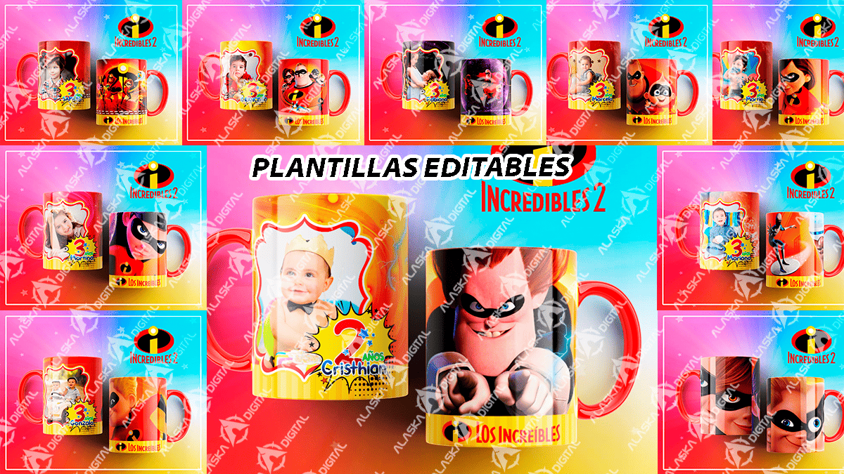 10 Plantillas para Sublimar Tazas Los Increibles 2 con Editables y Mockups