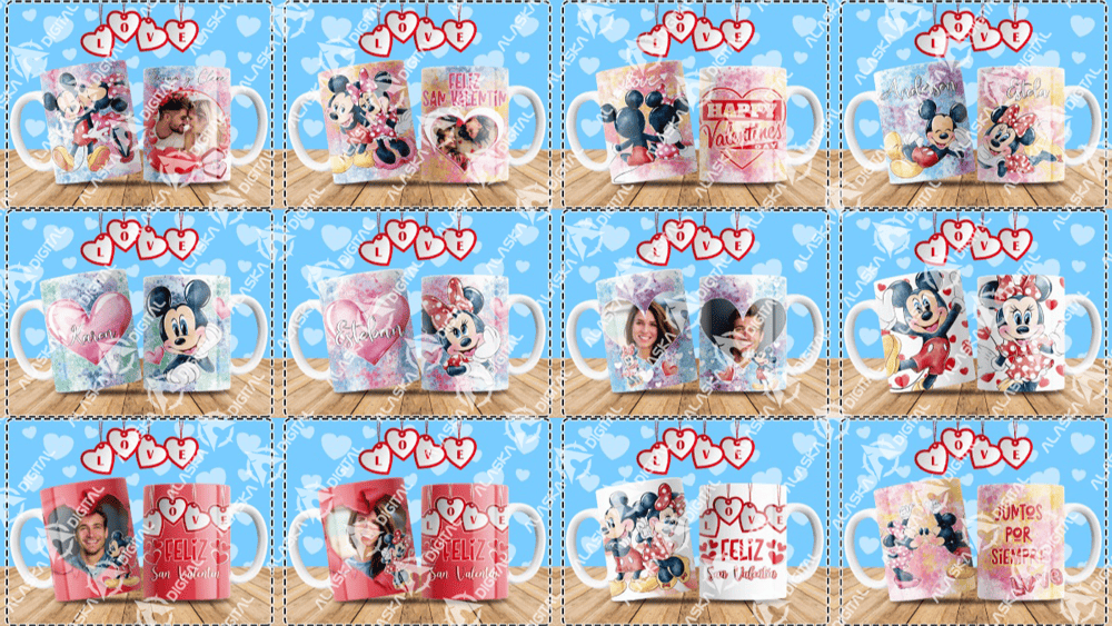 12 Plantillas para Sublimar Tazas Mickey y Minnie con Editables y Mockups