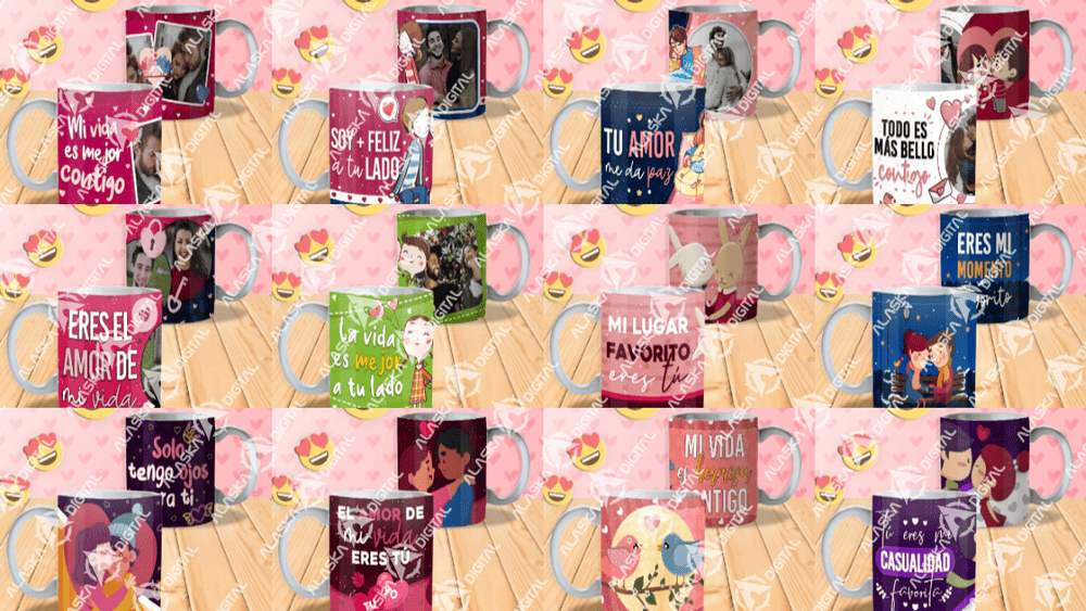 12 Plantillas para Sublimar Tazas Amor en Pareja con Editables y Mockups