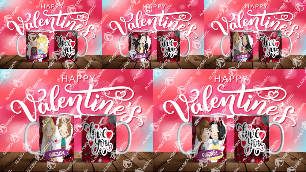 5 Plantillas para Sublimar Tazas Princesas Valentine’s Day con Editable y Mockups