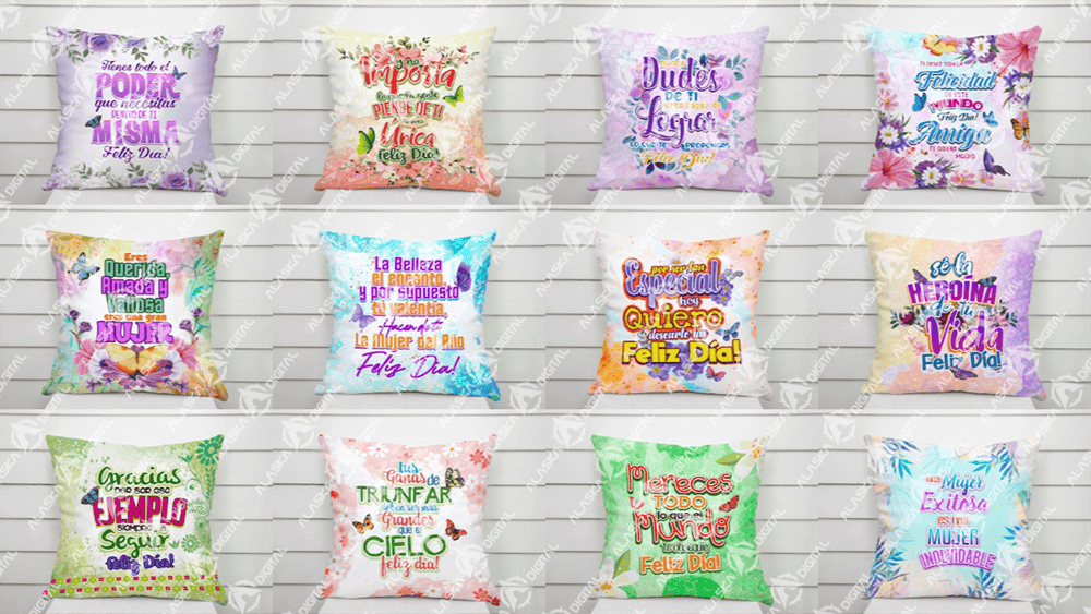 12 Plantillas para Sublimar Cojines Mujer Exitosa con Editables y Mockups