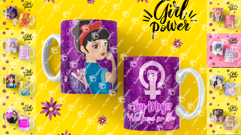 9 Plantillas para Sublimar Tazas Power Woman con Editables y Mockups