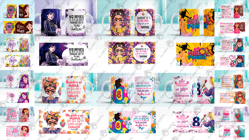 14 Plantillas para Sublimar Tazas Mujer Fuerte con Editables y Mockups
