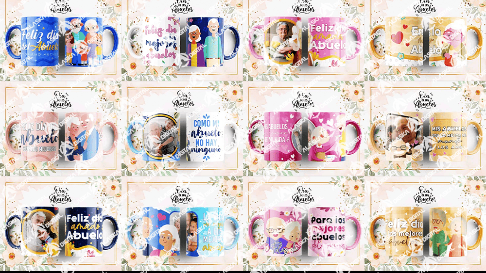 12 Plantillas para Sublimar Tazas de Abuelitos Premium con Editables y Mockups