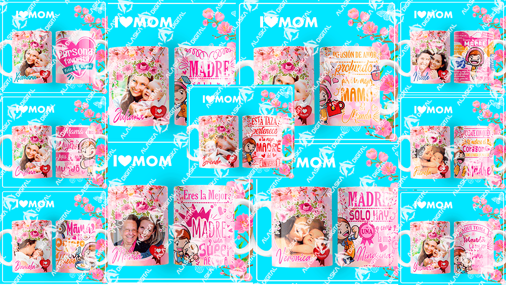 11 Plantillas para Sublimar Tazas Mamá I Love You con Editables y Mockups