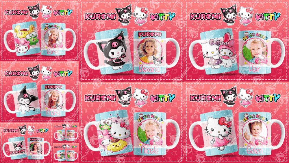 9 Plantillas Tazas Hello Kitty y Kuromi