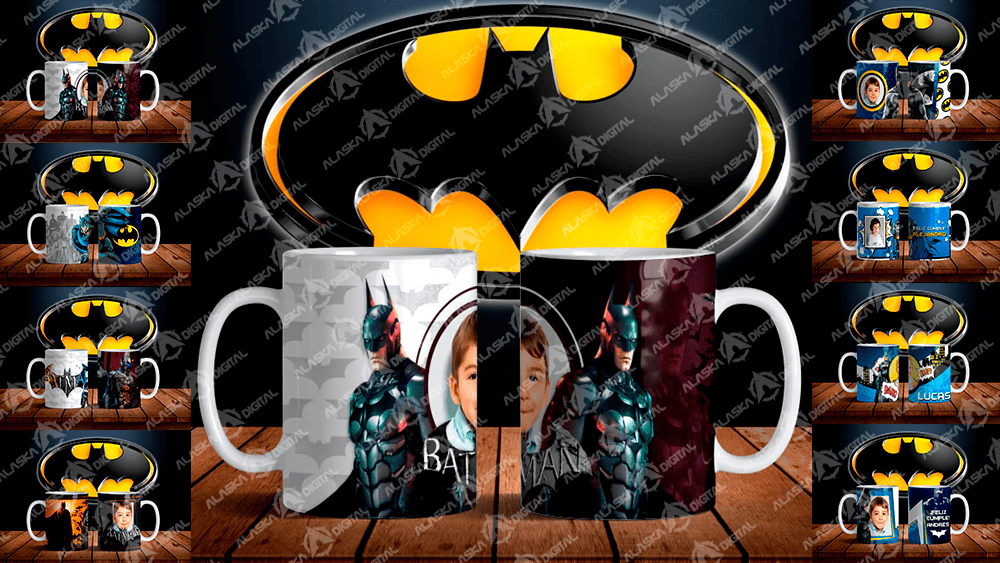 8 Plantillas para Sublimar Tazas de Batman Cumpleaños con Editables y Mockups