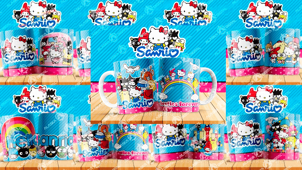 8 Plantillas para Sublimar Tazas Hello Kitty Sanrio con Editables y Mockups