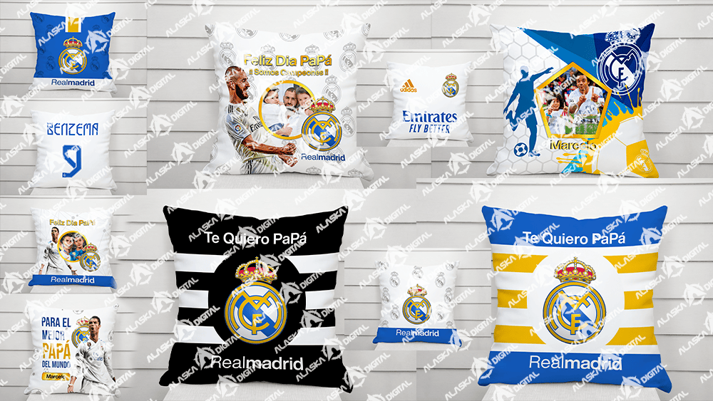 10 Plantillas para Cojín y Taza del Real Madrid con Editables y Mockups