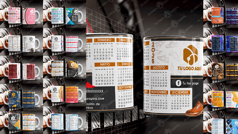 16 Plantillas para Sublimar Tazas Calendario Corporativo 2025 con Editables y Mockups