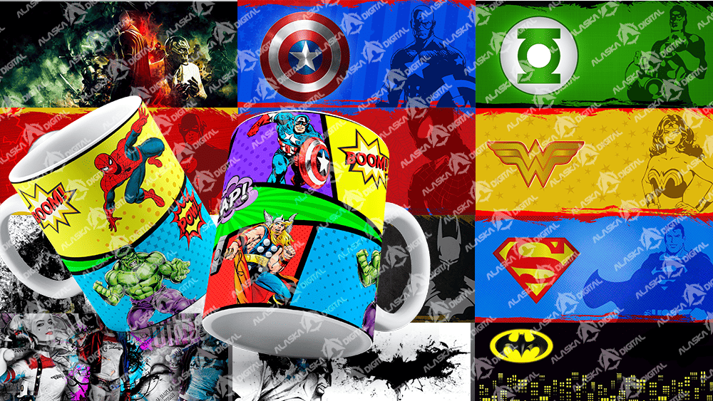 23 Tazas PNG Comic heroes+ MOCKUP