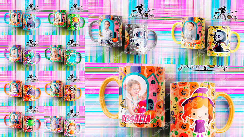 11 Plantillas para Sublimar Tazas de Halloween Kids con Editables y Mockups