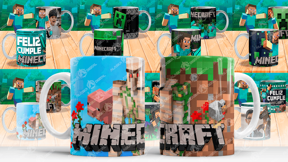 12 Plantillas para Sublimar Tazas Minecraft con Marco para Foto con Editables y Mockups